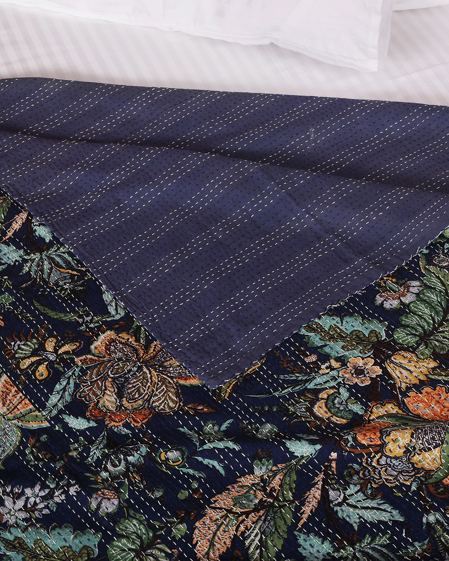 Navy Blue Hand Block Printed Hand Kantha Double Bed Dohar/Bed Cover